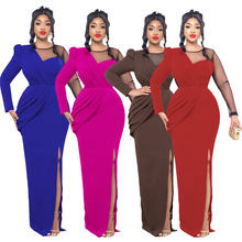 L0392亚马逊速卖通夏季网纱拼接印花连衣裙外贸休闲女装