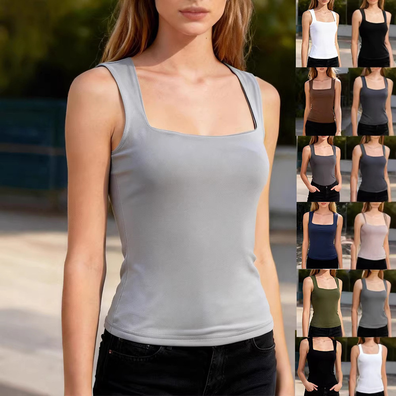 2026 New European and American Amazon Summer Women's Square-Neck Sleeveless Vest T-Shirt Comfortable Casual Simple Top for Women