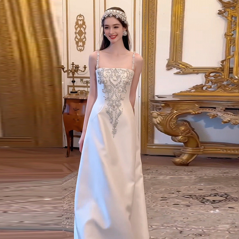 Retro Satin Light Wedding Dress 2026 New Style French Elegant Suspender Bride Wedding Engagement Welcome Dress
