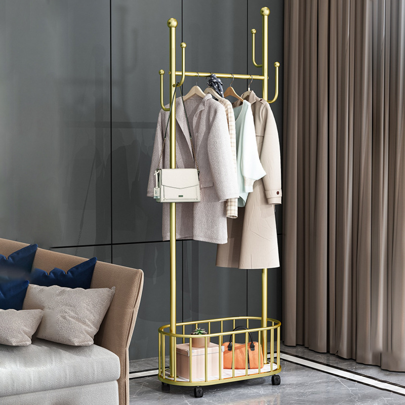 Foyer coat rack floor-standing household clothes rack with wheels mobile storage rack light luxury bedroom corner storage clothes drying rack
