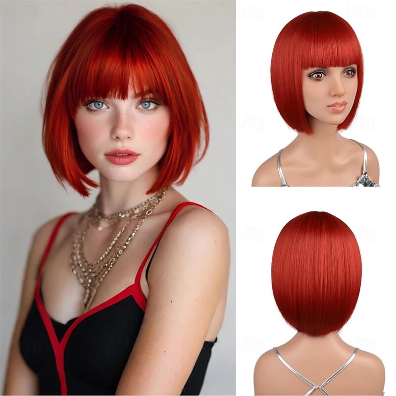 Bob Short Straight Hair Red Wig with Bangs Synthetic Fiber Heat-Resistant Fiber Red Wig 12inch Daily Use