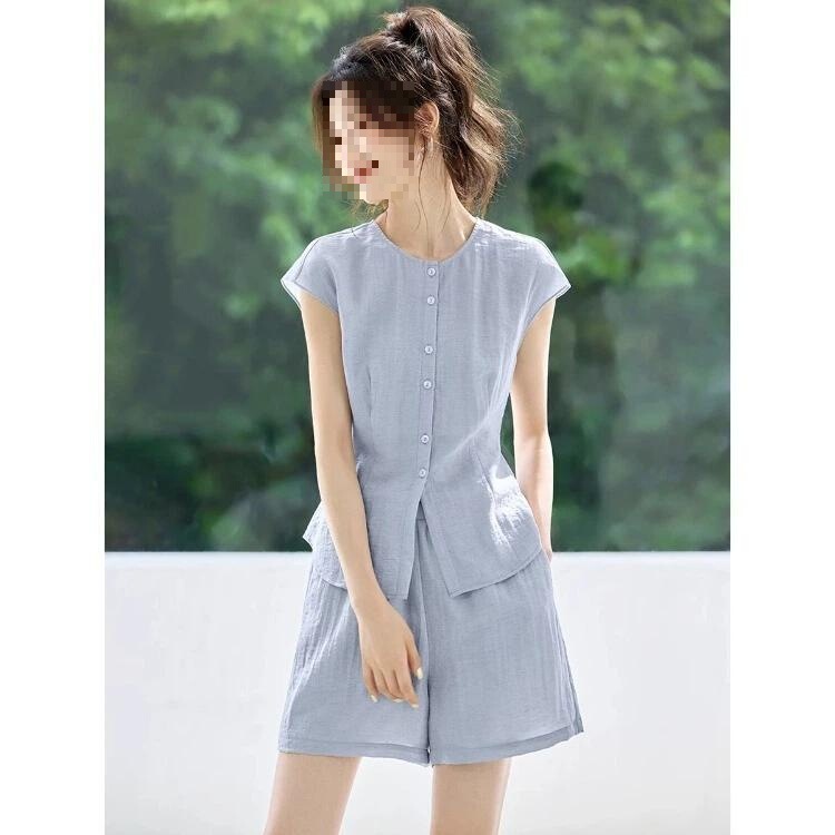 两件套2025新款亚麻休闲显瘦套装女蓝色其他|undefined