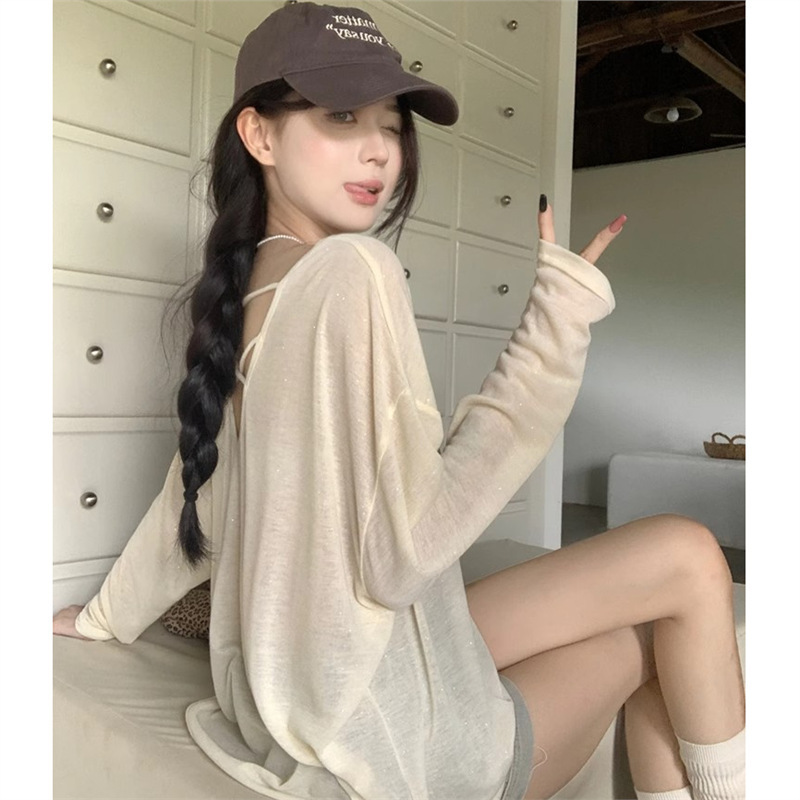 Beautiful Backless Sheer Long-Sleeve Sun Protection Cover-Up T-Shirt for Women, 2025 New Summer Style, Lazy Thin Loose Mid-Length Top Beautiful Backless Sheer Long-Sleeve Sun Protection Cover-Up T-Shirt for Women, 2025 New Summer Style, Lazy Thin Loose Mid-Length Top