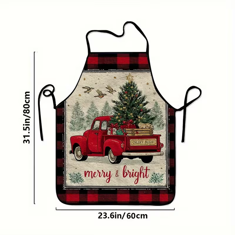 Cross-Border Extra-Large Christmas Apron - Vintage Red Truck and Tree Plaid Design - Heavy-Duty Kitchen