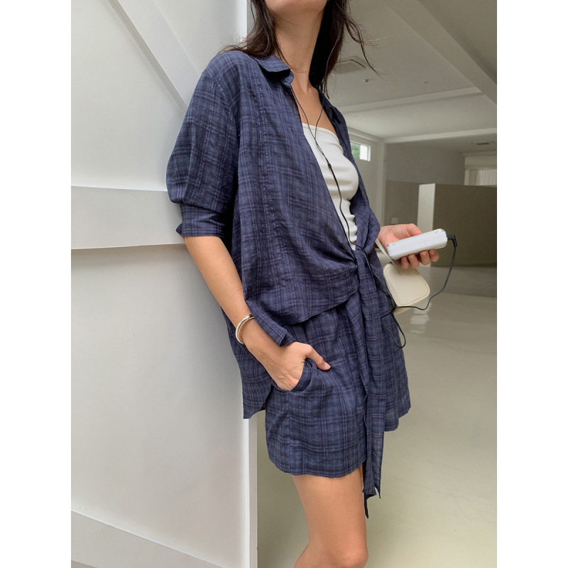 Trendy Dream Dt Etolie Front-Tie Plaid Shirt for Women, Summer Design Sun Protection Top, New Long-Sleeve Shirt for Women