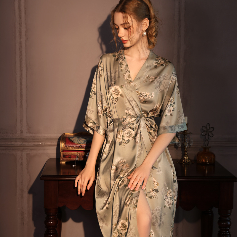 Pajamas for Women Spring and Summer Nightgown Cardigan Lace-Up Bathrobe Printed Ice Silk Elegant High-End Large Size Dressing Gown Home Wear Autumn