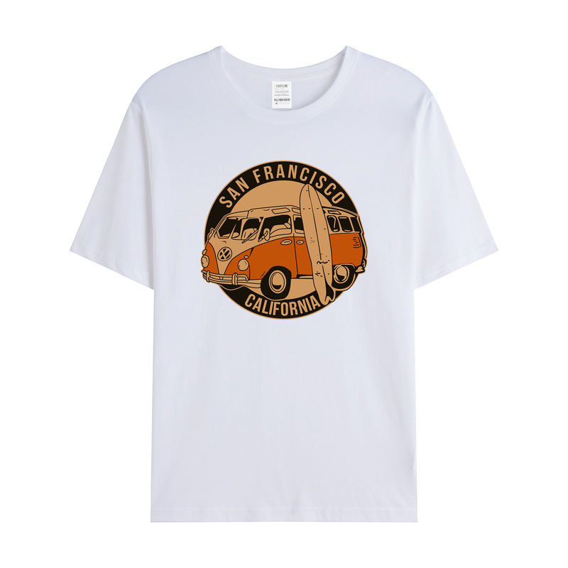 独立駅クロスボーダー男性レトロ車模様綿100% ゆるいプルオーバー半袖tシャツ|undefined