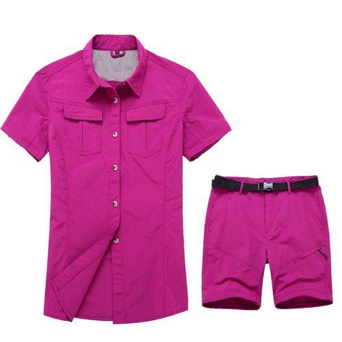 Outdoor women's quick-drying shirt long-sleeved detachable short-sleeved two-piece solid color quick-drying quick-drying pants set
