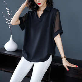 UNMUN夏季新款雪纺衫黑色短袖v领打底上衣遮肚大码女装韩版衬衣女