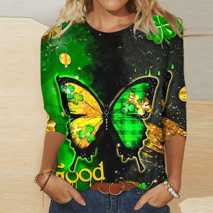 2024 early spring new cross-border foreign trade Clover theme 3D digital printing European and American holidays 3/4 sleeve t-shirt