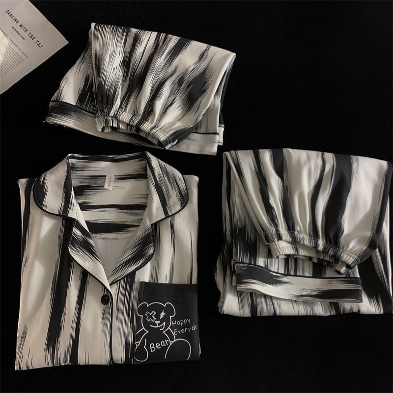 Korean Style Simple Striped Bear Couple's Pajamas for Men and Women, Summer Short-Sleeved Shorts and Long Pants, Summer Three-Piece Set