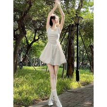 千金风白色方领绑带花苞连衣裙小众设计感收腰抽绳少女感芭蕾裙