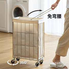 跨境不锈钢脏衣篓手推车可折叠浴室卧室客房脏衣服裤子整理收纳篮