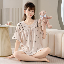 短袖云朵棉睡衣女夏季套头可爱韩系甜美薄款碎花大码家居服套装