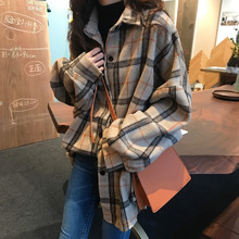 超火大版毛绒格子衬衫女秋冬款复古港味宽松百搭外套长袖叠穿衬衣