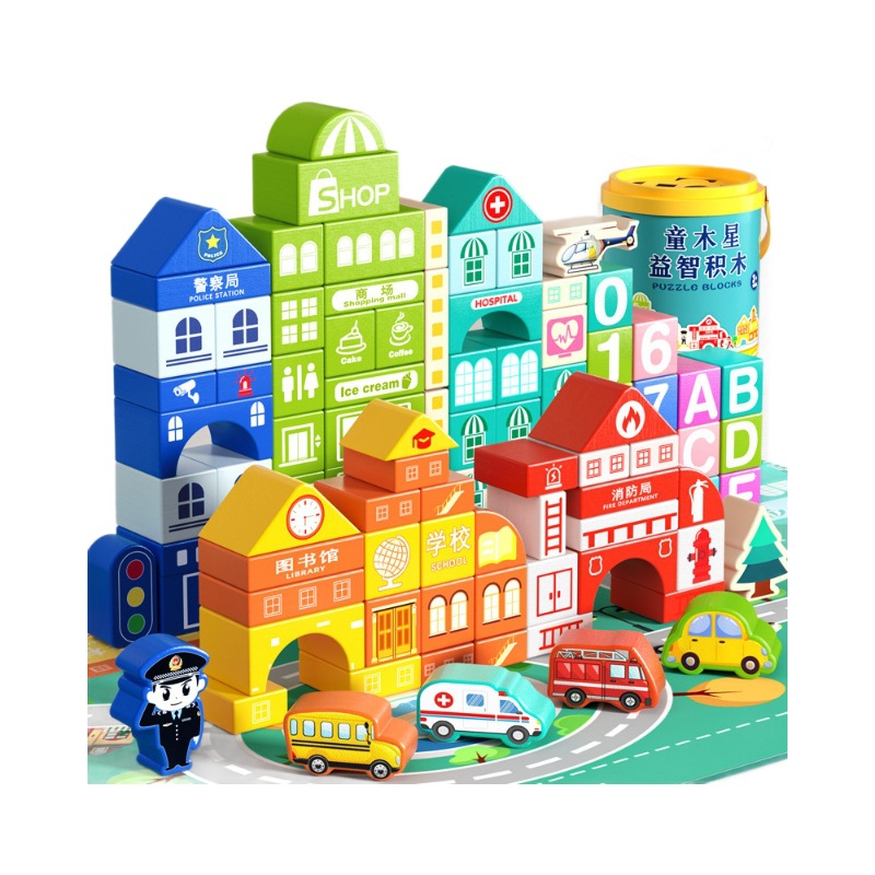 Bloques de madera para niños paisaje urbano colorido personajes animales gran partícula barril jardín de infantes juguetes de clase media y grande