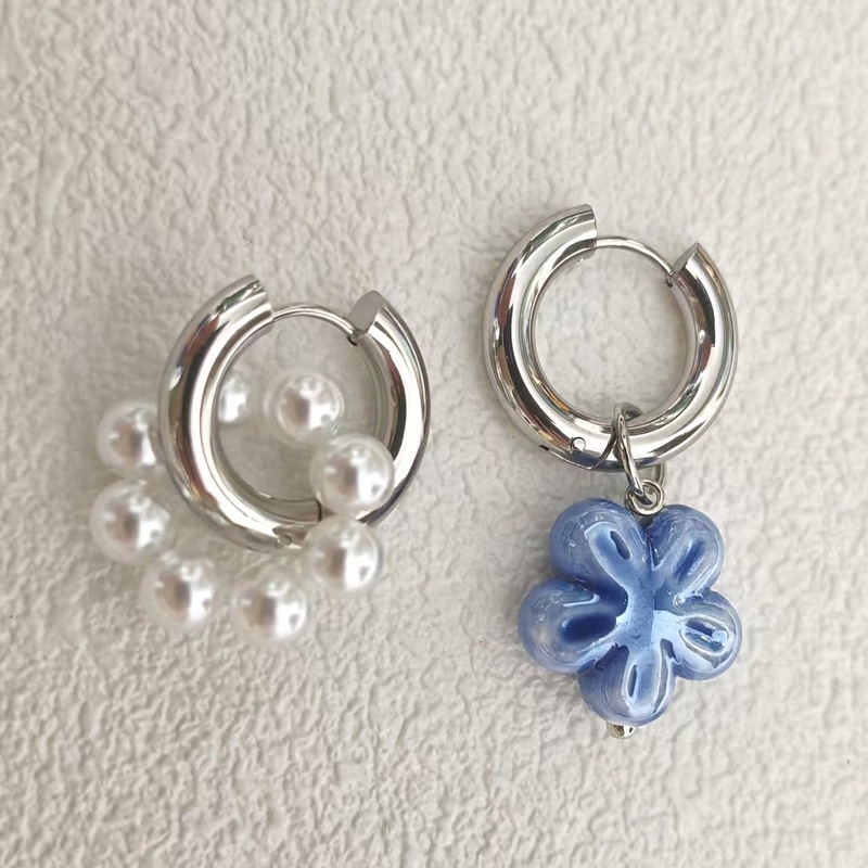 Cross-Border Hot-Selling Stainless Steel Pearl Earrings, Cross-Border European and American Blue Ceramic Flower Earrings, Mixed and Matched with High-End Earrings