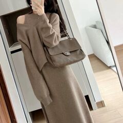 ニットワンピースセット レディース 2025秋冬新作 ゆったりVネックセーター プルオーバー ノースリーブワンピース ツーピースセット