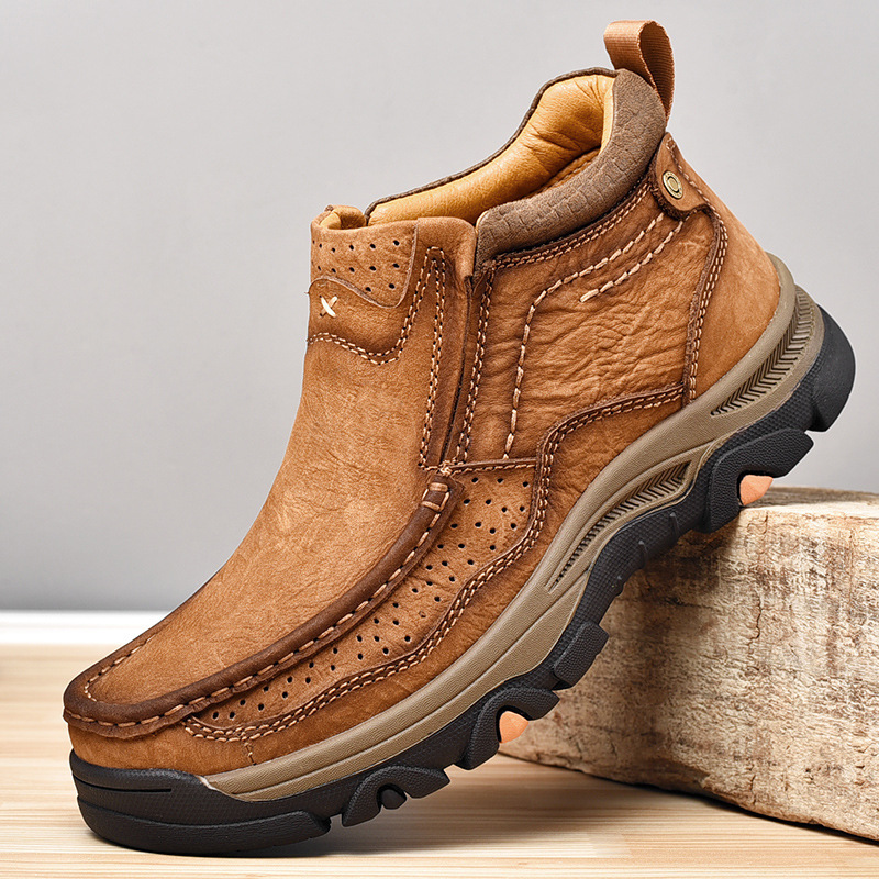 Independent Station Amazon Cross-Border Men's Boots First Layer Cowhide Large Size Thick Sole Wear-Resistant Men's Leather Shoes Winter Leather Boots Men's Style