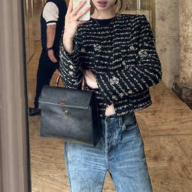 定制秋季新款经典山茶花刺绣小香外套女早秋圆领粗花呢短外套女装