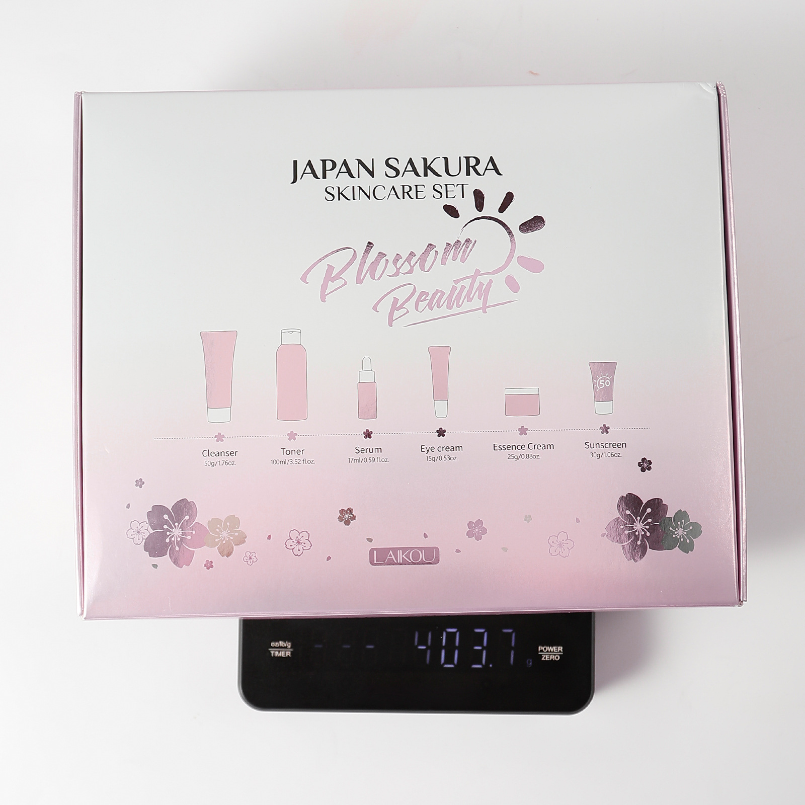 LAIKOU Cherry Blossom Skincare six-piece Set: Facial Cleanser, Essence, Eye Cream, Face Cream, Toner, sunscreen, Cross-border details Picture