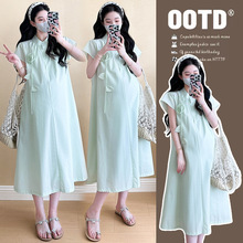 孕妇裙子连衣裙夏高级感新中式国风绿色改良旗袍夏款宽松雪纺凉快