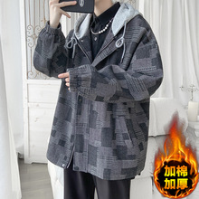冬装港风牛仔连帽格子夹克男大码外套棉衣男