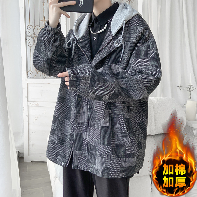 Winter Hong Kong-style Denim Hooded Plaid Jacket Men's Large Size Jacket Cotton-padded Jacket for Men