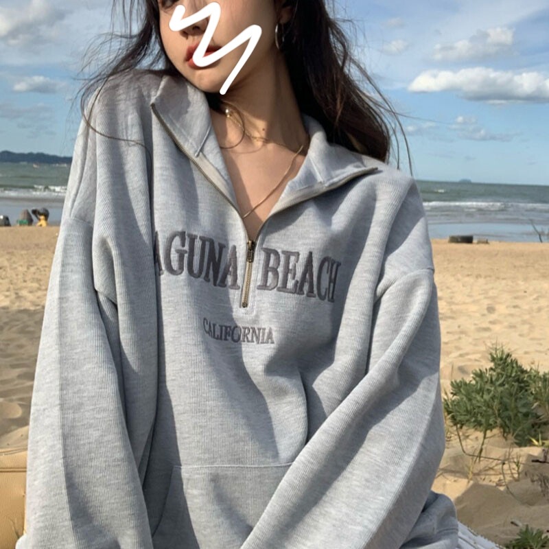 American Style Retro Hot Girl High Street Sweatshirt Women's Grey Spring and Autumn Thin Loose All-match BF Lazy Style Niche Top for Women