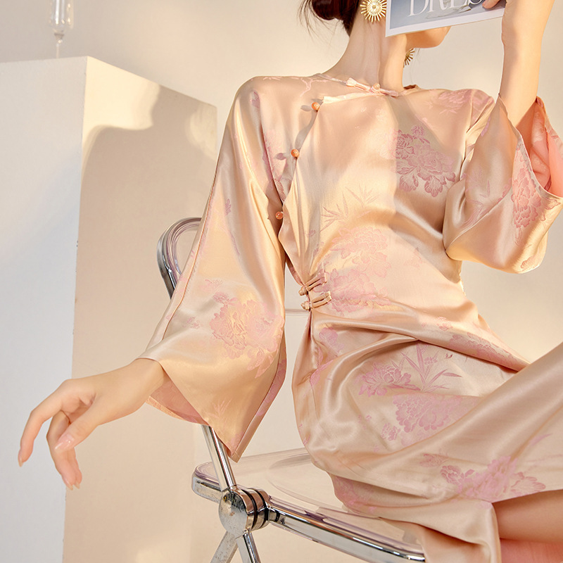 New Chinese-Style National Style Printed Design Slit Rayon Cheongsam Dress 2026 New Slim-Fit Long Dress M6101