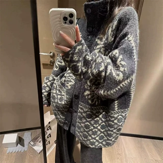 韩系费尔岛毛衣开衫女2026秋冬新款宽松慵懒加厚针织外套休闲上衣