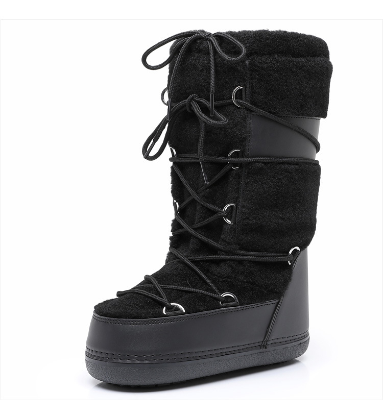 Scarpe da donna Stivali da sci spessi Stivali da neve alti in pelliccia di agnello con cuciture in pelliccia_voghion.com