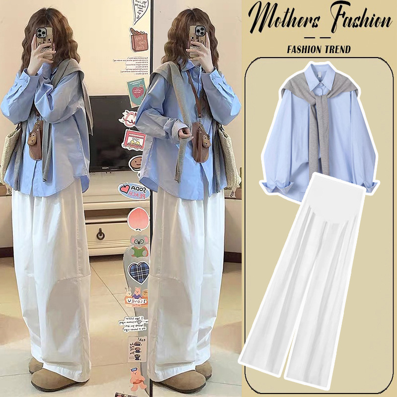 In Stock 2026 Spring New Maternity Spring and Autumn Outfit Set Shirt Top Wide-Leg Pants Long Pants Spring Two-Piece Set