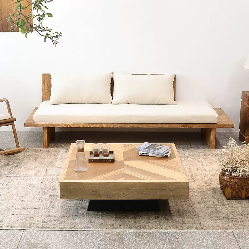 诧寂风老榆木沙发简约实木板沙发客厅靠墙中式沙发实木板原木沙发