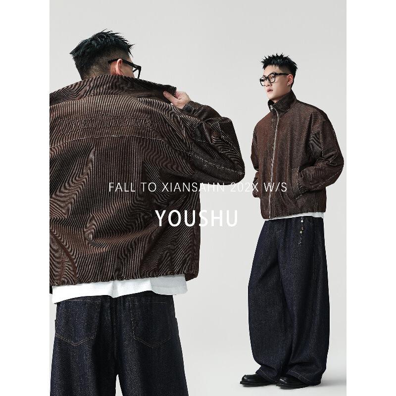 Stylishly designed, pleated, letter-printed, loose-fitting, collared jacket for men, 2026 autumn new collection, American retro style, plus-size outerwear Stylishly designed, pleated, letter-printed, loose-fitting, collared jacket for men, 2026 autumn new collection, American retro style, plus-size outerwear