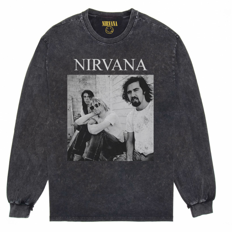 Nirvana Vintage American retro apenado rock punk angustiado lavado batik Camiseta de manga larga