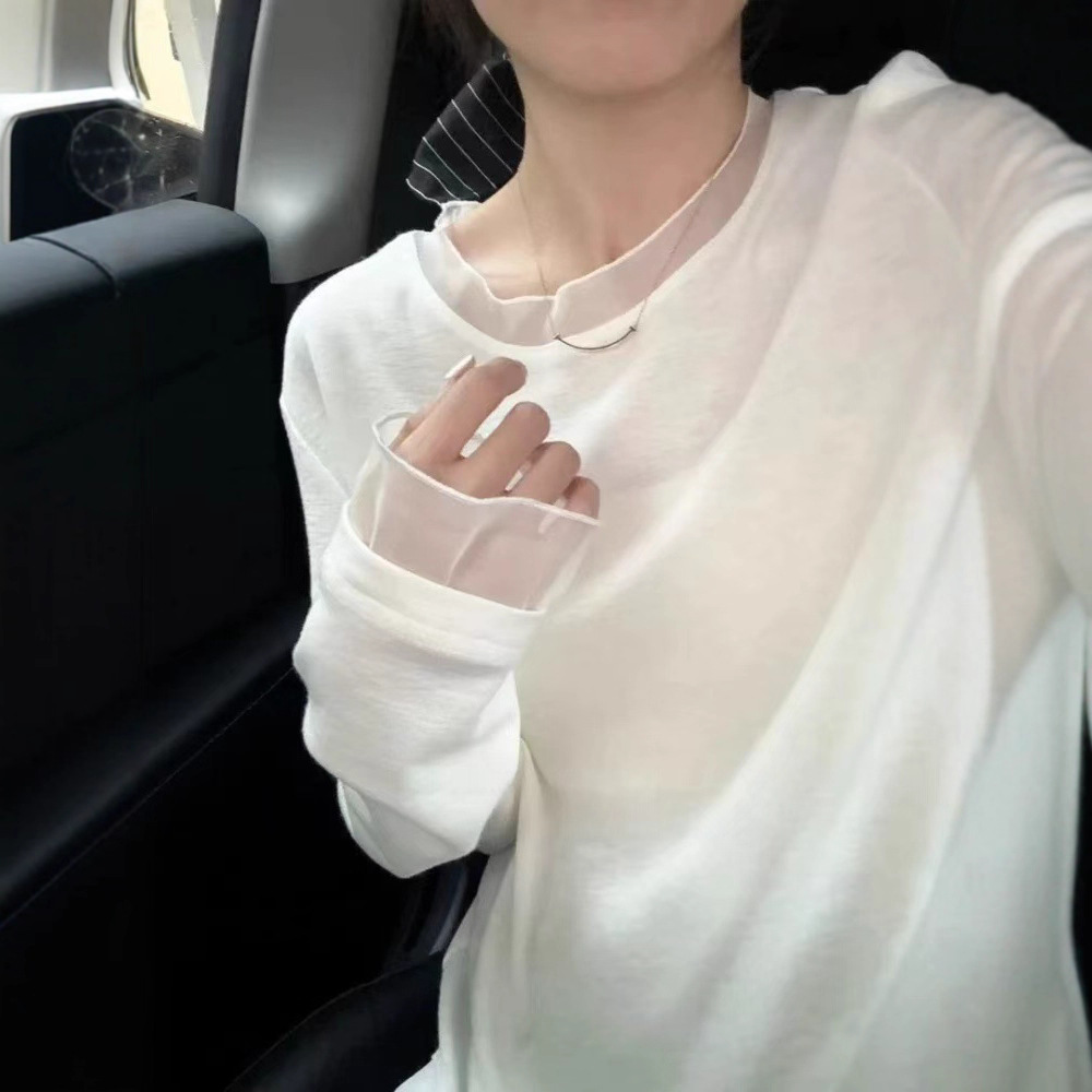 [Original Niche] Organza Spliced ​​Round Neck Wool Knitted Bottoming Shirt for Women, Simple and Versatile Top New Style