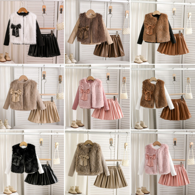 ファッショナブルな豪華な小さなベストと長袖ラウンドネックトップ + PU レザープリーツスカート女の子のための 3 点セットソースファクトリー