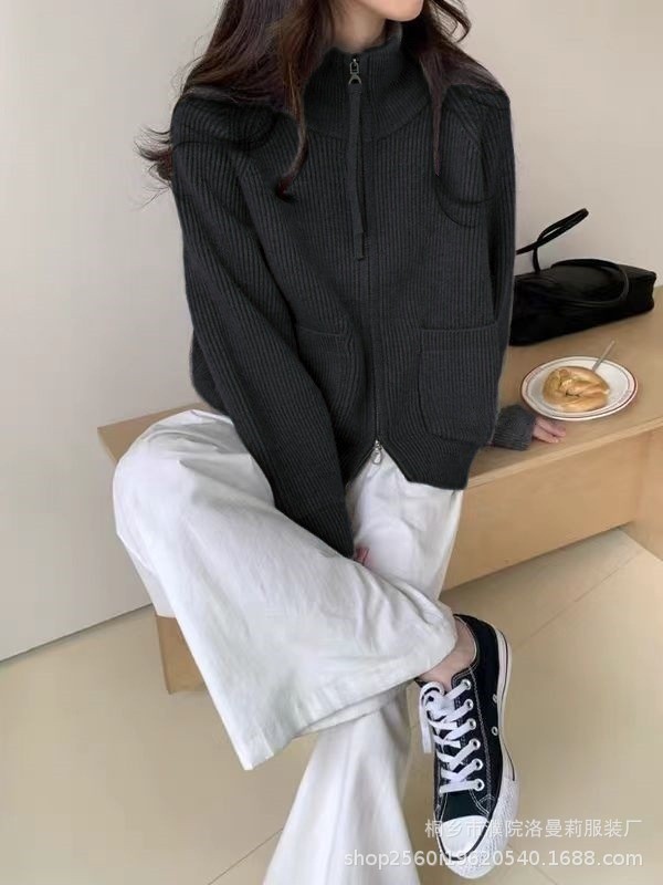 2025秋冬新款立领双拉链长袖宽松大码慵懒风毛衣女装针织开衫外套|undefined