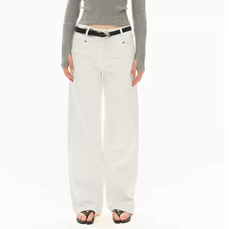 复古赤耳红边白色牛仔裤女中低腰春宽松显瘦阔腿裤直筒裤显瘦休闲