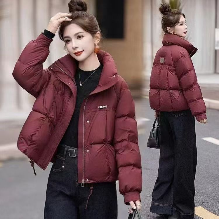 앙고라 레드 다운 코튼 패딩 재킷 여성의 짧은 겨울 2025 새로운 스타일 작은 남자의 수직 칼라 두꺼운 따뜻한 코튼 패딩 재킷