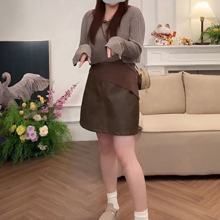 大码女装美拉德套装针织衫+背心+半身皮裙三件套胖秋季显瘦套装|undefined