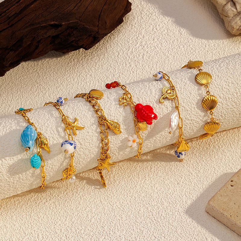 European and American Cross-Border Best-Selling Bracelet Jewelry Marine Life Series Tassel Conch Starfish Shell Gold-Plated Bracelet Bracelet