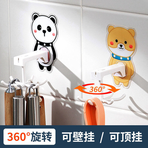 Household cartoon six-claw hook, no drilling household rotating hook, invisible adhesive kitchen multi-purpose shelf