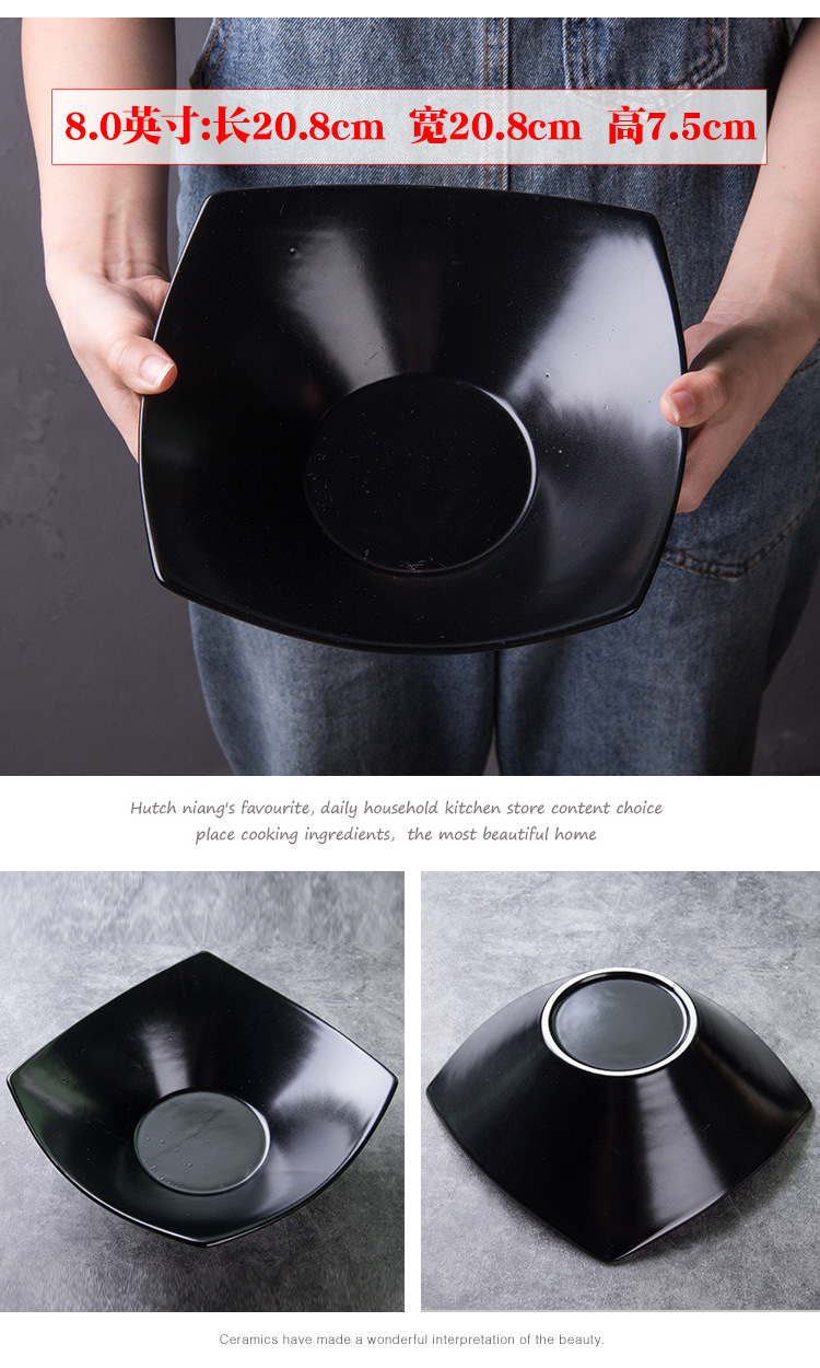 Creativo copo de nieve esmalte negro tazón cuadrado de cerámica tazón de ensalada de frutas tazón de arroz tazón de sopa tazón cuchara tazón condimento tazón