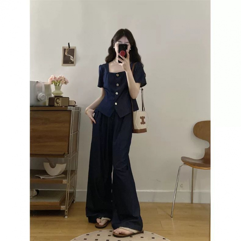 大きいサイズの夏服、年齢を軽減する服、太った女性のためのデニムトップス、ドレープワイドレッグパンツ、人気のスーツの完全なセット|undefined
