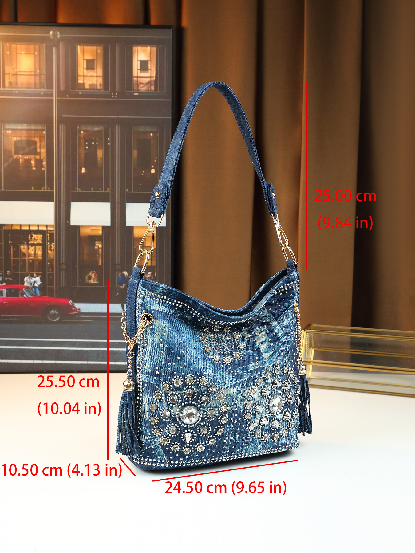 Borsa a spalla da donna in jeans con strass borsa a tracolla_voghion.com