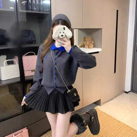 日韩系拼色扣翻领爱心刺绣针织开衫女秋冬洋气内百搭叠穿毛衣外套