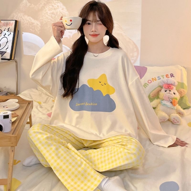 跨境亚马逊春秋睡衣女长袖长裤圆领卡通宽松学院风家居服女套装