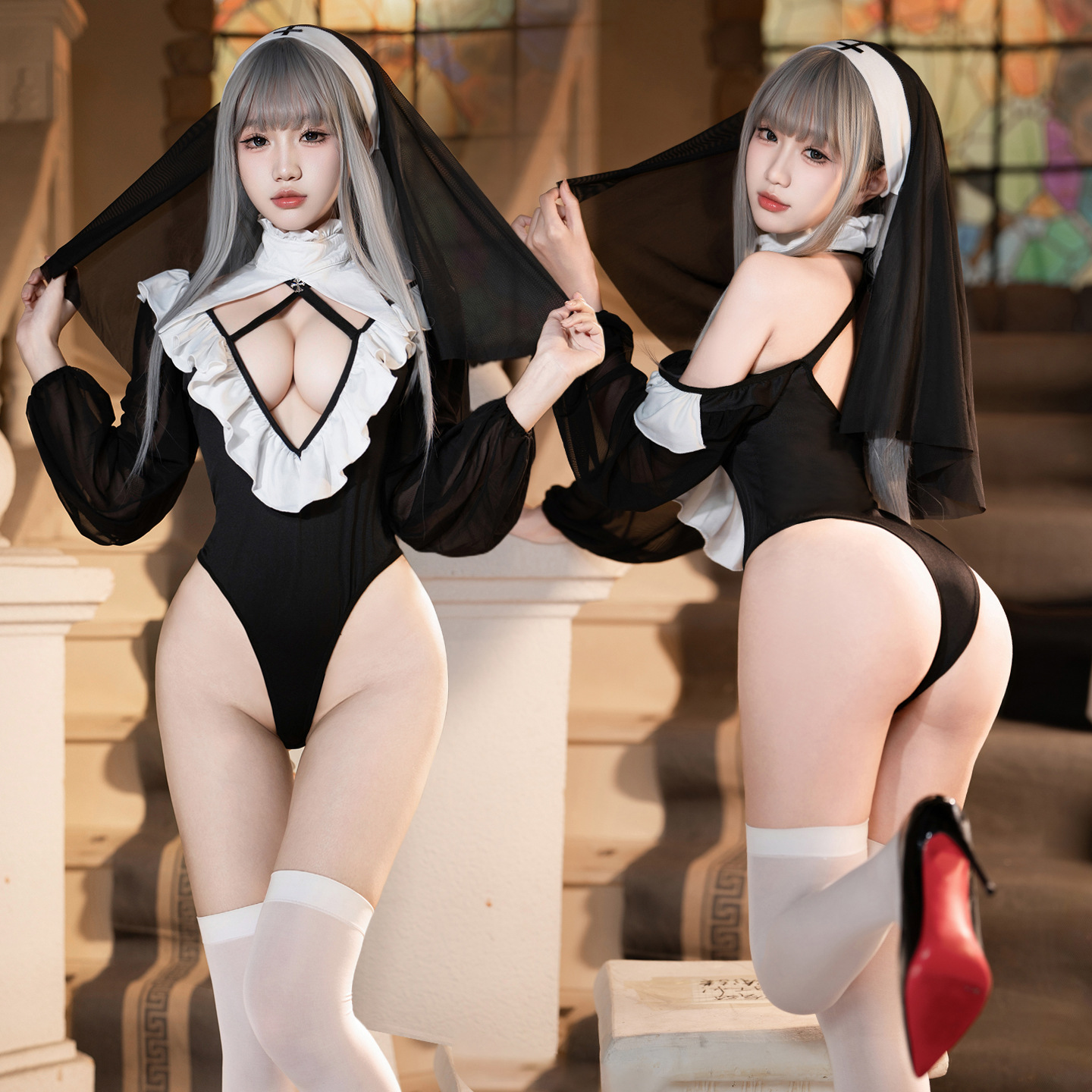 El amor profundo de la ropa interior de amor tabú V monjas sexy camiseta de entrepierna abierta ZY167